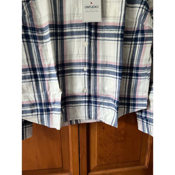 NWT Untuckit Womens De Toren Flannel Plaid Button Up Shirt White Pink Blue SZ 18 - Picture 3 of 13